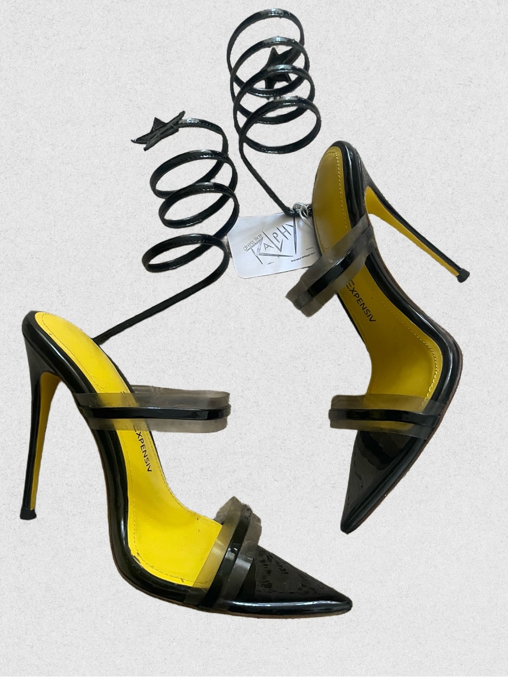 FE Coiled Ankle Wrap Star Black Patent Pointed Toe Stiletto Sandals with Yellow